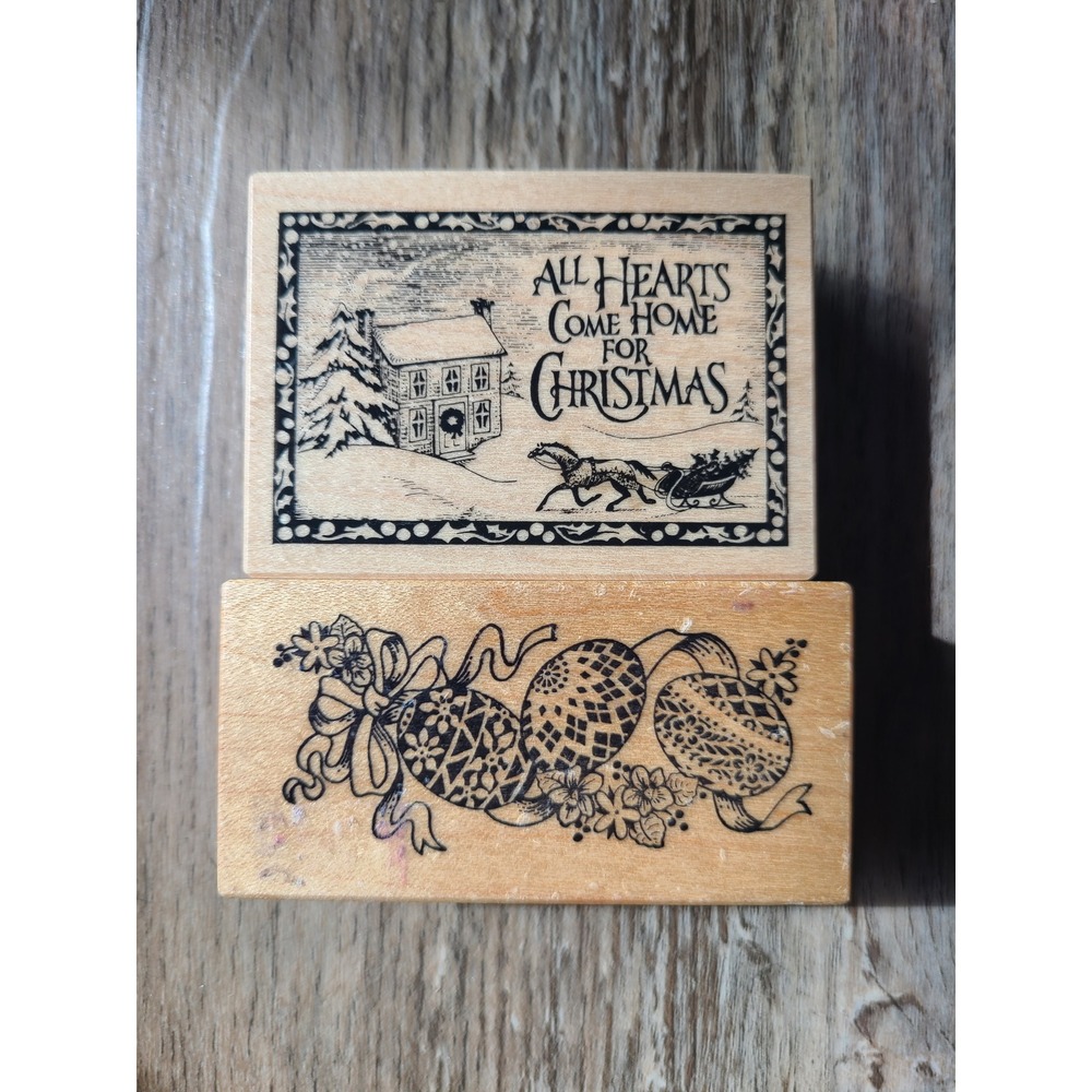Vintage Christmas & Easter Wood Mounted Rubber Stamps Set of 2 Holiday Crafts